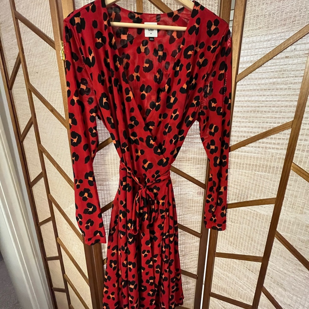 CAbi Red and Black Leopard Print Long Sleeve Wrap Dress